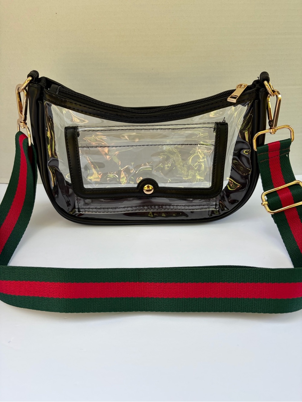 Clear Stadium Crossbody Bag Black Trim Green Red Stripe Strap Gold Hardware